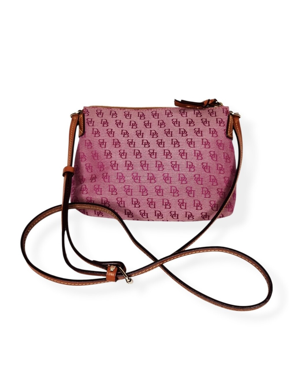 Vintage Dooney & Bourke Pink Logo Fabric Crossbody Bag Adjustable Leather Strap